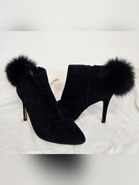 Antonio Melani Fox Fur Trim Ankle Boots Black Suede Heels 8.5